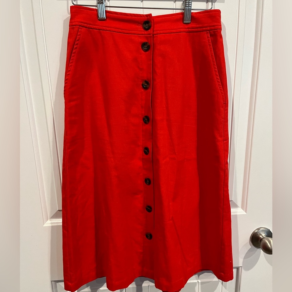 Red linen J Crew factory midi length button up skirt
